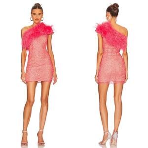 Bronx and Banco Lulu One Shoulder Sequin Sheer Feather Pink Mini Dress Sz S